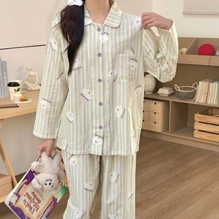 女薄款 雙層紗布棉睡衣可愛卡通印花小翻領透氣寬松家居服