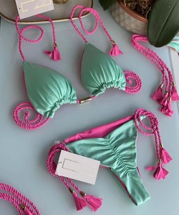 歐美ins辣妹比基尼系帶掛脖編繩分體泳衣溫泉撞色三角泳裝 Bikini