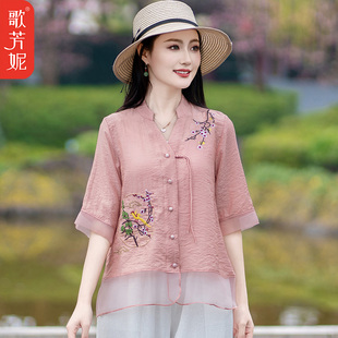 新款 國風2025夏裝 中老年女裝 短袖 刺繡上衣中年 媽媽中袖 中式 雪紡衫