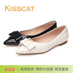 白色鞋 KISSCAT接吻貓2025新款 平底鞋 單鞋 低跟尖頭羊皮蝴蝶結(jié)女鞋