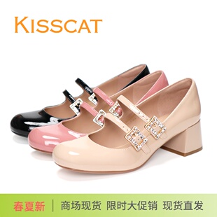 單鞋 女鞋 粗跟圓頭水鉆漆牛皮復古瑪麗珍鞋 KISSCAT接吻貓2025新款