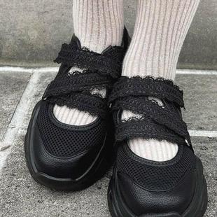 輕便防滑增高蕾絲面魔術貼百搭休閑女鞋 25春秋新款 日單松糕老爹鞋