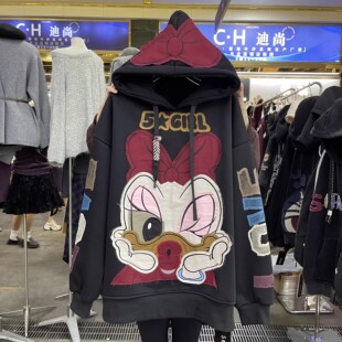 奧特萊斯 清倉外貿重工貼布刺繡卡通連帽蝴蝶結加絨加厚衛衣女潮