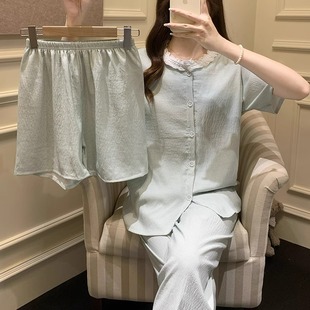 短袖 純色休閑簡約薄款 三件套家居服 睡衣女夏季 云朵棉外穿花邊開衫