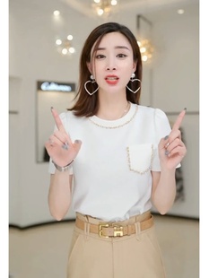 小香風(fēng)重工釘珠上衣 新款 商場清倉折扣撿漏圓領(lǐng)白色短袖 T恤女夏季