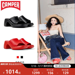 粗跟黑色真皮露趾拖鞋 Camper看步女鞋 外穿增高涼鞋 新款 Thelma夏季