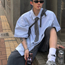 寬肩廓形磨損大版 襯衫 純棉襯衣 淺淺淺藍(lán)色學(xué)院少年短袖 Aurocean
