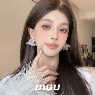 DIGU溫柔海邊度假風紫色花朵耳環女甜美粉色網紗花瓣耳釘夏季 耳飾