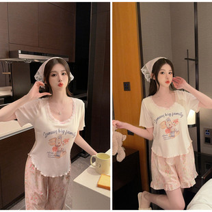 純欲風少女坑條棉自帶胸墊三件套甜美小兔子蕾絲花邊莫代爾睡衣夏