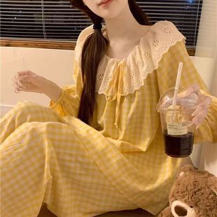 睡衣女套裝 長(zhǎng)褲 花邊慵懶風(fēng)夏天空調(diào)中年媽媽家居服 長(zhǎng)袖 網(wǎng)紅春秋季