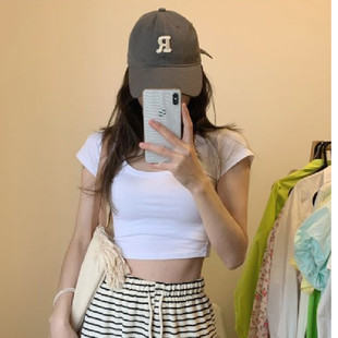 短袖 短款 U領打底衫 修身 設計感小眾chic甜辣上衣 正肩T恤女內搭夏季