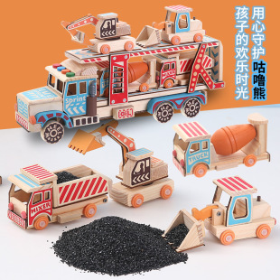 木制兒童益智玩具仿真工程車雙層工程運輸車創意大型汽車模型組合
