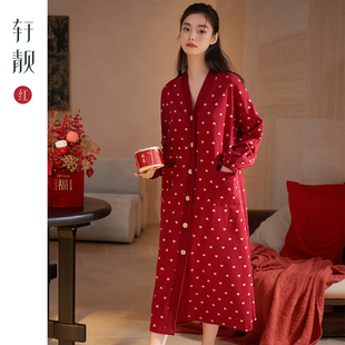浴袍 睡衣紅色晨袍結(jié)婚睡裙大碼 軒靚本命年睡袍女士春秋季 純棉長袖