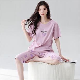 全棉家居服套裝 小個(gè)子睡衣女100%純棉短袖 大碼 夏薄款 可外穿 七分褲