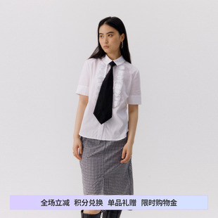 新款 DOSORDONTS通勤簡約白色雙層木耳花邊短袖 2024夏季 襯衫 女 修身
