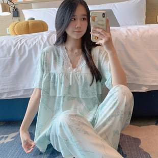 長褲 夏季 短袖 防凸點人造棉家居服韓版 綿綢空調服 女士棉綢睡衣套裝