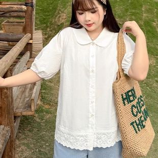 襯衣夏季 特大碼 蕾絲花邊拼接短袖 文藝襯衫 胖mm顯瘦上衣2 300斤女裝