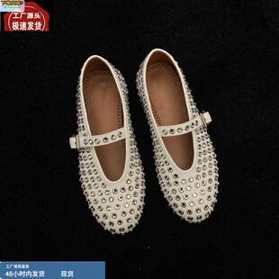 平底瑪麗珍鞋 女2024新款 真皮圓頭水鉆淺口鉚釘芭蕾舞單鞋 羊皮版