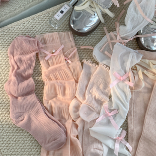 夜間教習室夏季 芭蕾風蝴蝶結中筒堆堆襪女花邊珍珠小腿襪 襪子薄款