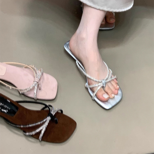 一字拖鞋 配裙子涼鞋 女夏外穿2025新款 夾趾細帶水鉆沙灘粉色涼拖鞋