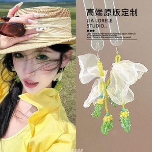 夏日度假風綠色串珠拍照花朵耳環旅游森系百搭小清新顯白雪紡耳鉤