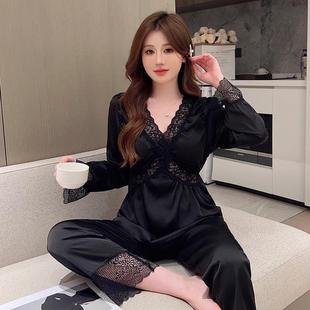 黑色純欲風(fēng)冰絲睡衣女士寬松性感蕾絲花邊春秋款 氣質(zhì)帶胸墊居家服