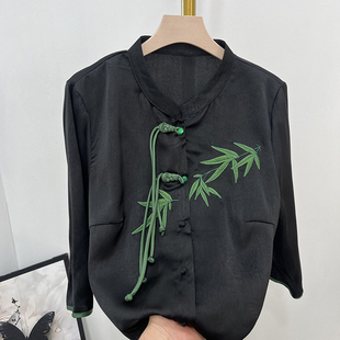薄款 香港專柜新中式 氣質中老年女春夏季 仿真絲襯衫 國風襯 媽媽夏裝