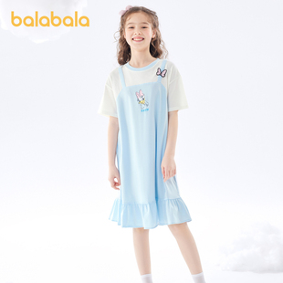 童裝 新款 薄 夏季 巴拉巴拉女童睡裙中大童假兩件家居服兒童睡衣短袖