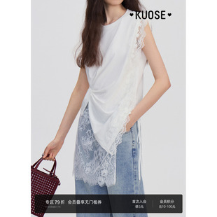 小飛袖 新款 收腰上衣 T恤女2025夏季 闊色白色設計感蕾絲花邊短袖