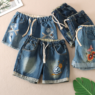 子 清倉 女直筒高腰抽繩三分熱褲 卡通刺繡純棉牛仔短褲 WD3260 夏季