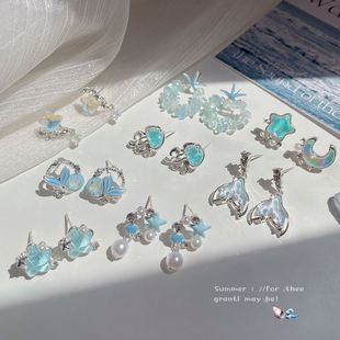 海星藍色耳釘女星星貝殼耳飾設計感小眾海邊度假風樹脂耳環夏天