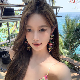 彩色花朵流蘇耳環夸張長款 熱戀島嶼 海邊度假耳墜耳飾 蜜桃茶