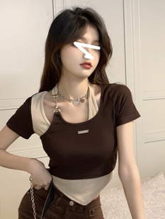 chic修身 t恤女設(shè)計感甜辣短款 顯瘦上衣 不規(guī)則假兩件正肩短袖 夏季