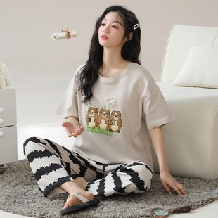 夏季 全棉家居服100%純棉寬松大碼 女士短袖 長(zhǎng)褲 可外穿 睡衣套裝 新品