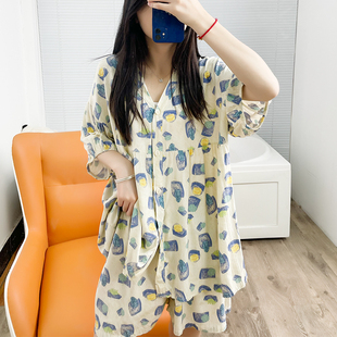 碎花可愛薄款 兩件套裝 綿綢家居服寬松人造棉 短袖 棉綢睡衣女夏款
