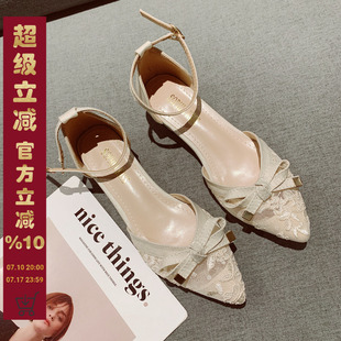 飾網(wǎng)紗透氣中空中跟鞋 蝴蝶結(jié)裝 2025年新款 仙女風(fēng)一字扣帶瑪麗珍鞋