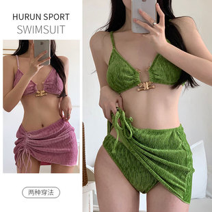 度假風性感分體泳衣歐美沙灘女裝 ins風比基尼三件套罩裙夏季 新款