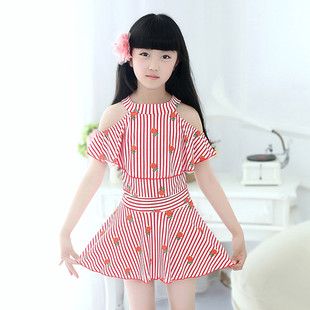 批發(fā) 小中童小學生少女泳裝 二件套兒童游泳衣女童分體裙式 平角褲