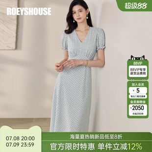 格子收腰大擺中長裙12182 新款 羅衣氣質(zhì)燈籠袖 V領連衣裙女2025夏季