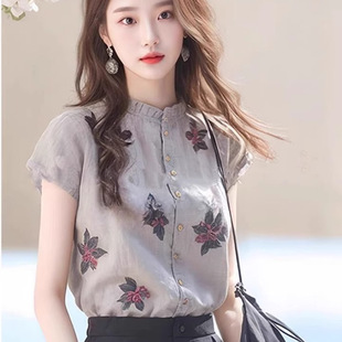 襯衫 灰色棉麻印花短袖 清倉苧麻上衣女夏洋氣小衫 奧特萊斯專柜正品