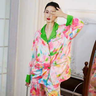 2025春秋新款 可外穿睡衣家居服兩件 撒丁島玫瑰高級感冰絲女式