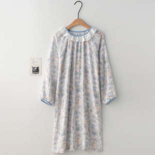 長袖 純棉紗布薄款 裙子家居服睡衣 春夏季 天鵝湖甜美花邊睡裙女款