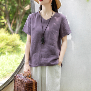 品牌折扣外貿出口清倉亞麻短袖 夏寬松透氣復古棉麻上衣 T恤女薄款