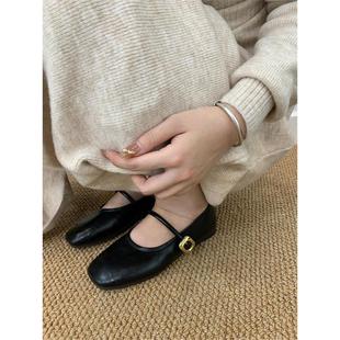 淺口軟皮仙女風配裙子單鞋 軟軟舒適 方頭復古一字帶平底瑪麗珍鞋
