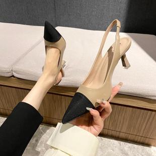 不累腳細跟淺口尖頭后空高跟鞋 法式 新款 女2025夏季 小香風包頭涼鞋