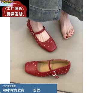 小紅鞋 羊皮版 淺口內增高單鞋 子女法式 真皮復古鉚釘紅色瑪麗珍鞋