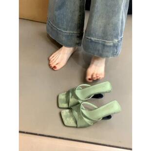 粗跟 女夏外穿一字細帶高跟鞋 法式 氣質小眾露趾方頭涼拖鞋