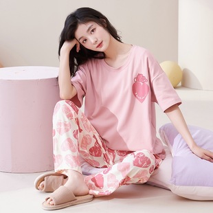 長褲 甜美睡衣女仿棉質短袖 款 寬松優質家居服夏 愛心熊