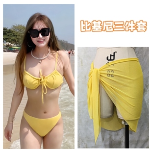 靠海黃色性感高叉泳衣女2024新款 高端顯瘦分體純欲溫泉比基尼 爆款