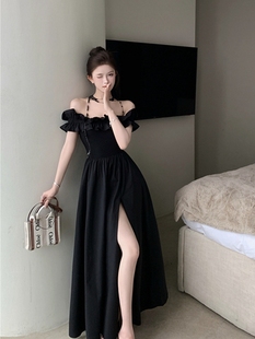 復古法式 荷葉邊一字肩連衣裙女收腰顯瘦開叉A字長裙氣質大擺裙子